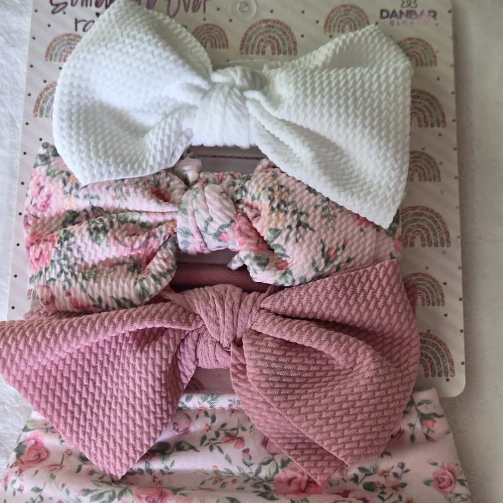Baby Bow Headband Bandana Bib 6 Pack Gift Set Pink White Floral Danbar NWT